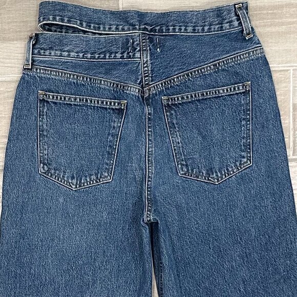 Agolde High Rise Broken Waistband Asymmetrical Jean in Intrigue Blue Denim Sz 28 - Picture 8 of 15